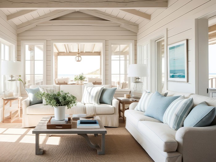 Naturally lit living room with sofas in sand and blue colors.